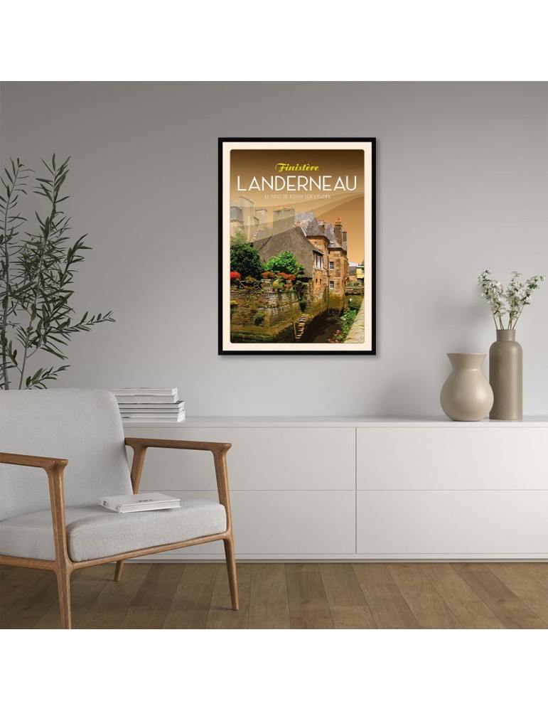 Landerneau Le Pont de Rohan sur L'Elorn - Poster affiche – image encadrée