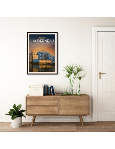 Landerneau - Le Pont de Rohan Nuit - Poster affiche – image encadrée 2