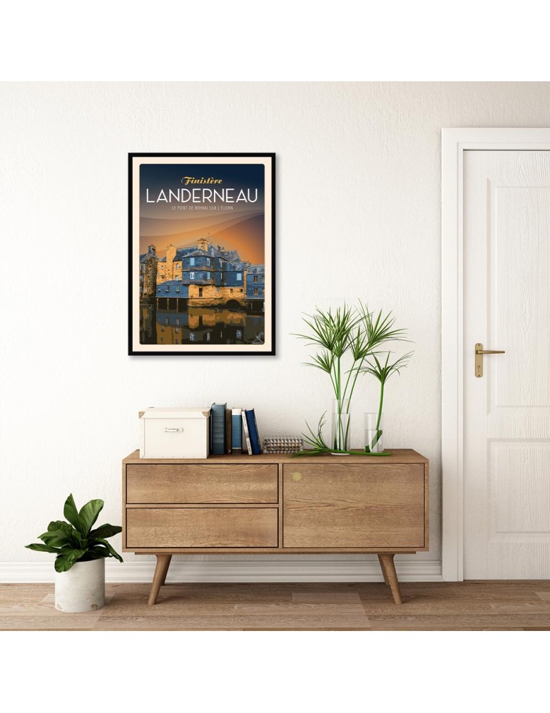 Landerneau - Le Pont de Rohan Nuit - Poster affiche – image encadrée