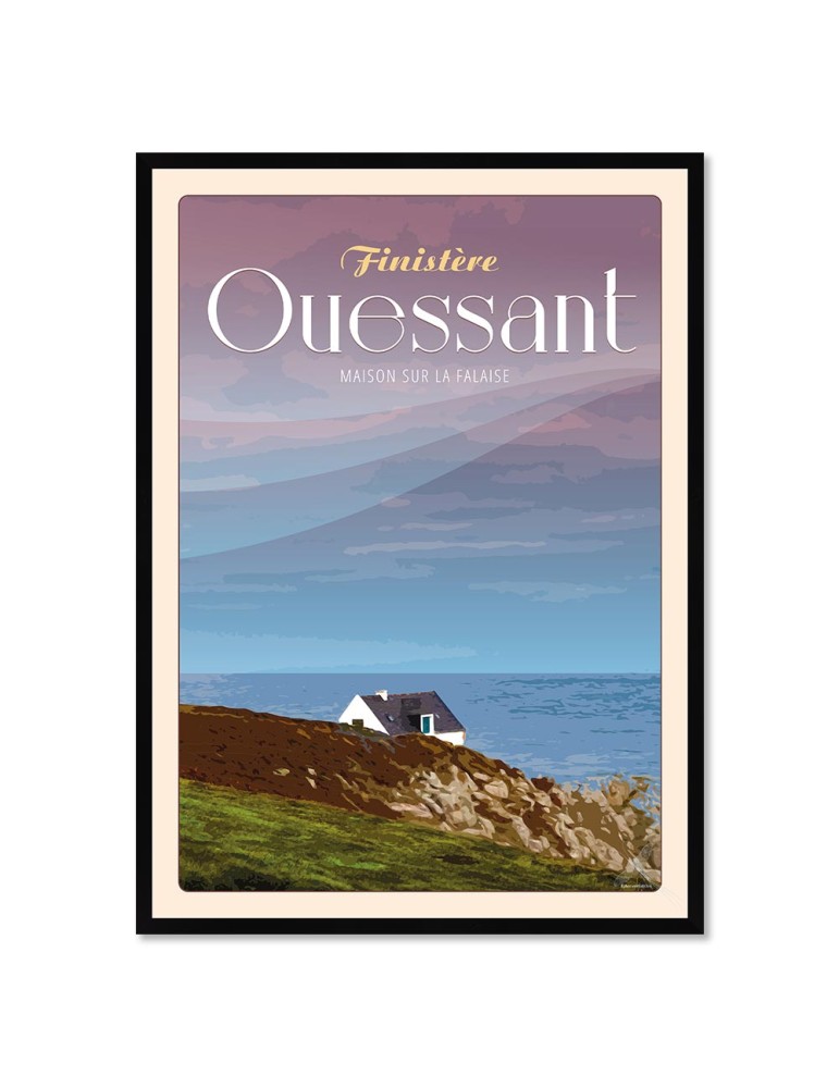 Ouessant Maison sur la Falaise "ciel rose" - Poster affiche – image encadrée