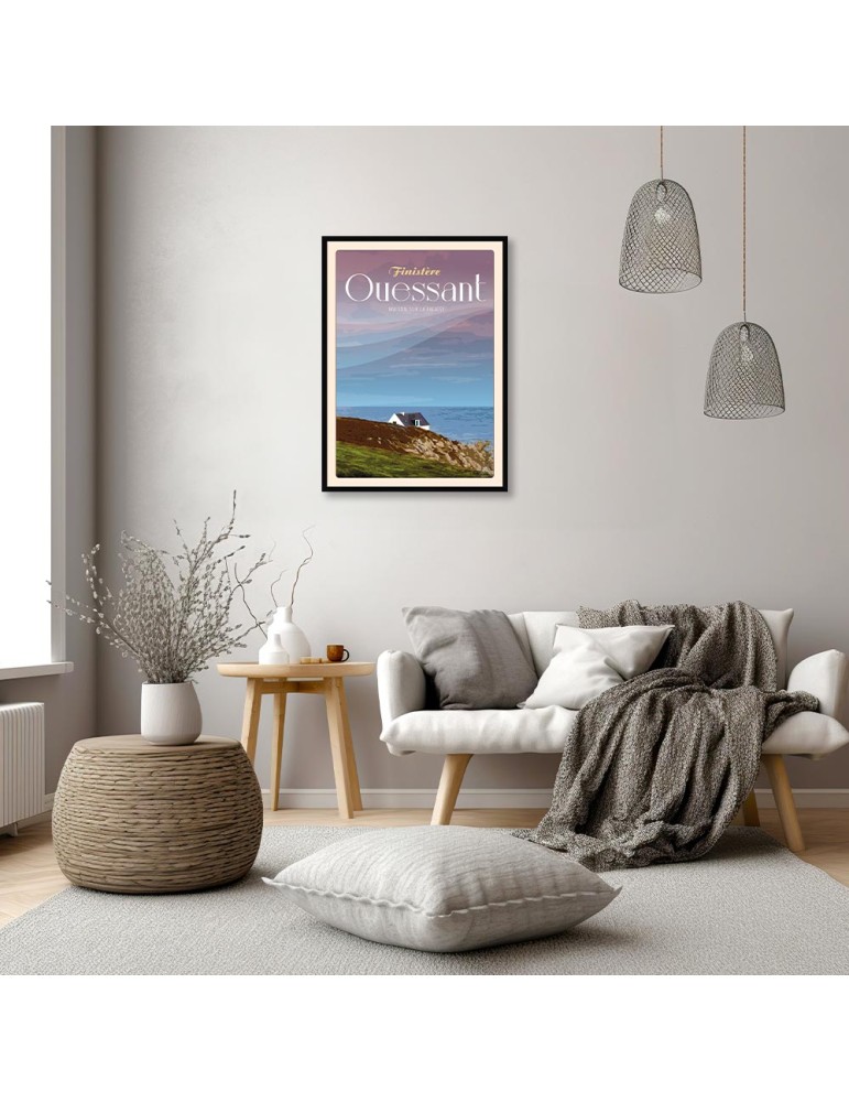 Ouessant Maison sur la Falaise "ciel rose" - Poster affiche – image encadrée