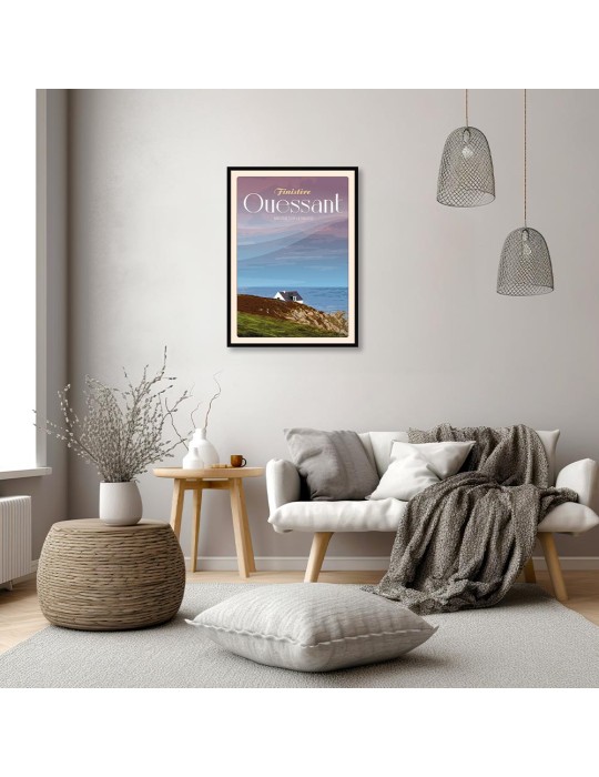 Ouessant Maison sur la Falaise "ciel rose" - Poster affiche – image encadrée