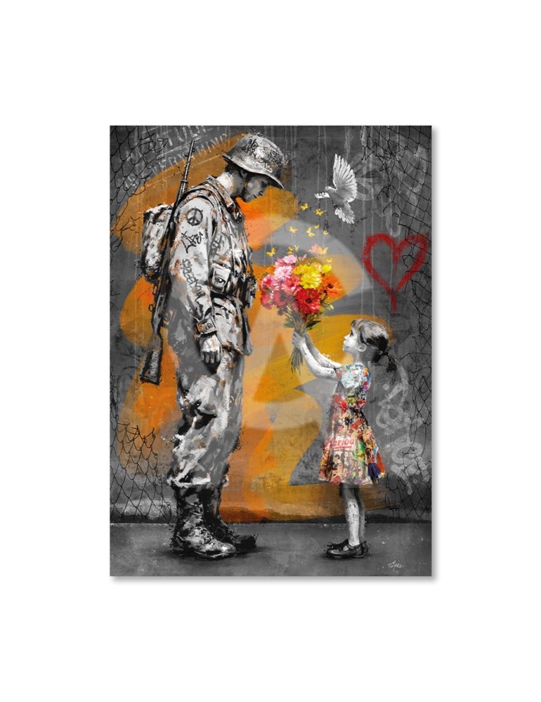 Le soldat et la petite fille avec les fleurs